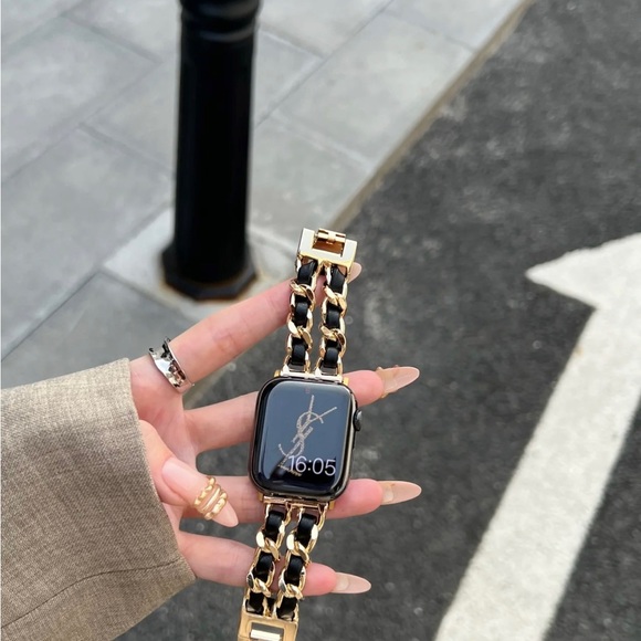 NEW Strap Gold Black Chain Leather Stainless Band For Apple Watch - Picture 4 of 5
